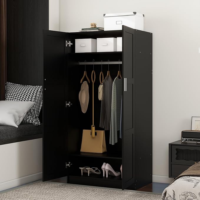Panana Modern 2 Door Wardrobe Bedroom Armoires Closet Clothing Storage Cupboard with 2 Shelves & Hanging Rod for Bedroom (Black)