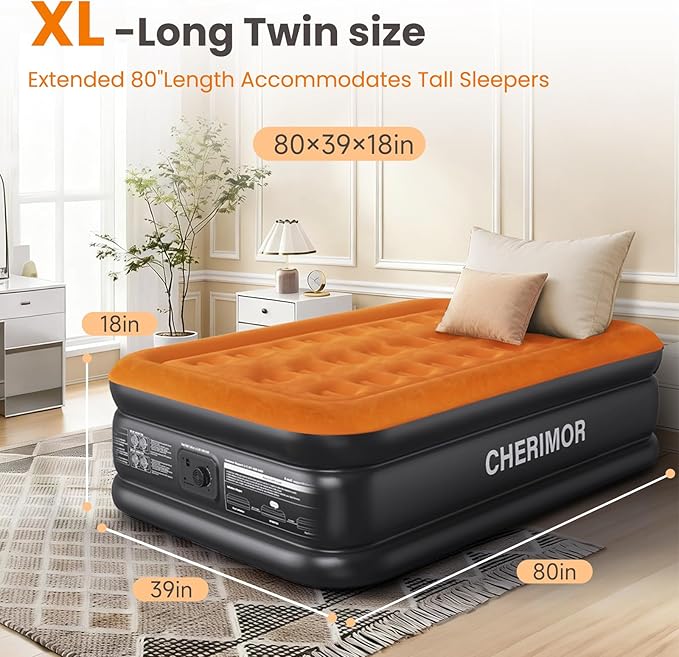 CHERIMOR Twin XL Air Mattress with Built-in Pump, 80" Extra Long, Upgraded Durable Design, Enhanced Support & Lasting Firmness, 2-Min Fast Inflation, Air Bed for Guests & Camping, 500 lbs Capacity