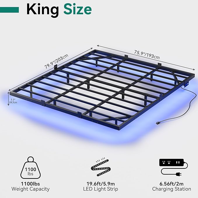 YITAHOME Floating Bed Frame King Size,Floating Bed with LED Lights & Charging Station, Metal Platform Bed Frame with Heavy Duty Steel Slats, No Box Spring Needed, Black