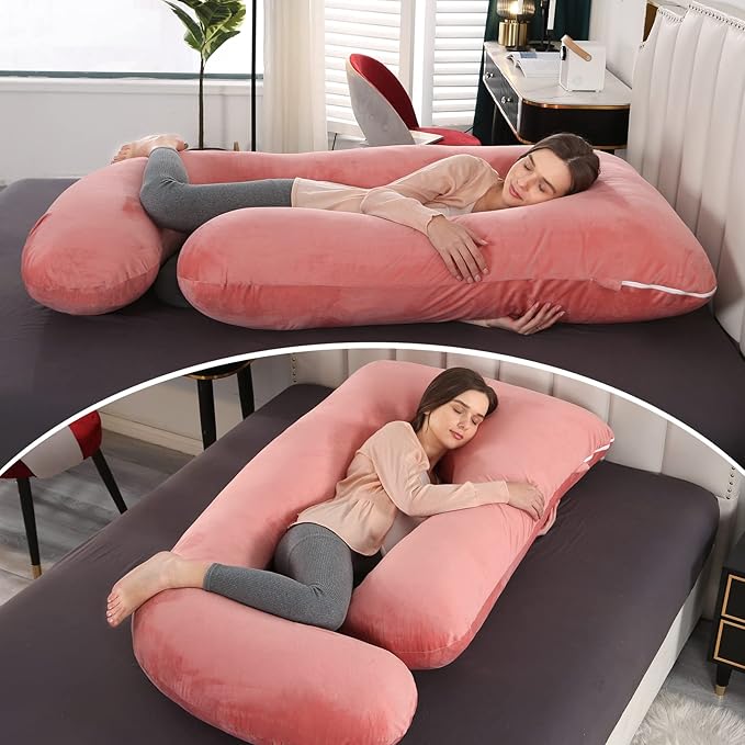 U-Shaped Full Body Pregnancy Pillow for Sleeping – 57" Maternity Pillow with Removable Cover, Support for Back, Legs, Belly & Hips (Velvet -Pink)