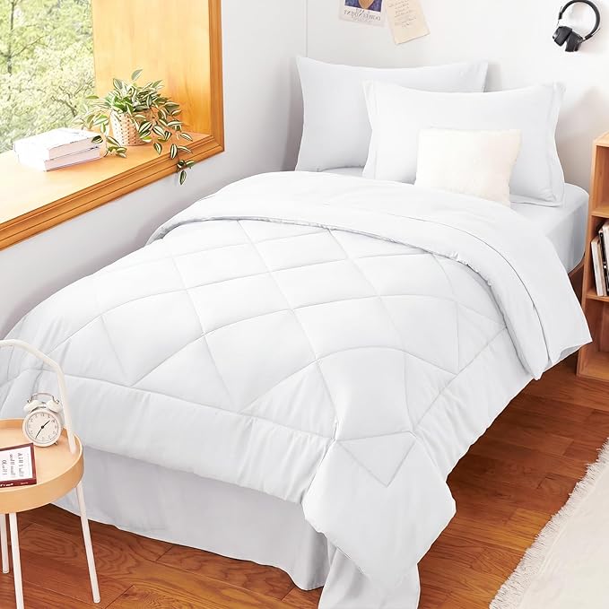 CozyLux Twin XL Comforter Set White - 5 Pieces Twin Extra Long Bed in a Bag for College Dorm, All Season Bedding Set for Girls and Boys, Soft Bed Set with Comforter, Sheets, Pillowcase & Sham