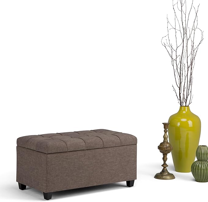 SIMPLIHOME Sienna Storage Ottoman Bench - 33 inch Wide Upholstered Linen Look Fabric Rectangle Storage Ottoman Bench in Tanners Brown, Transitional Tufted Ottoman for Living Room with Lift Top