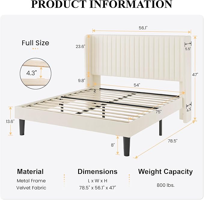 SHA CERLIN Full Size Velvet Bed Frame with Vertical Channel Tufted Wingback Headboard, Upholstered Platform Bed with Wood Slats, No Box Spring Needed, Easy Assembly, Cream White