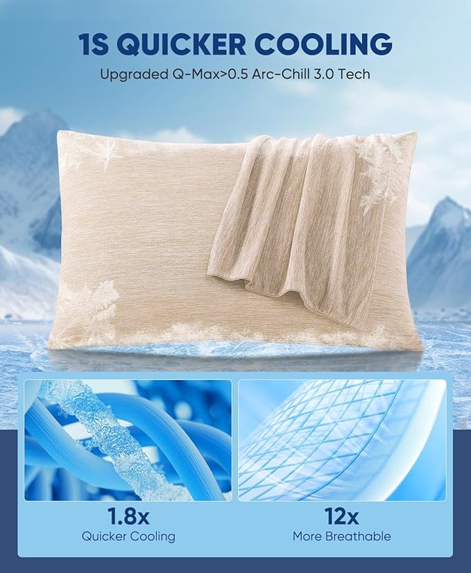 LUXEAR 2 Pack Cooling Pillow Cases Queen Size, Arc-Chill Q-Max > 0.5 for Hot Sleepers, Hair & Skin Friendly, Double-Sided, Machine Washable, Hidden Zipper, Gift for Women Men, 20x30, Beige