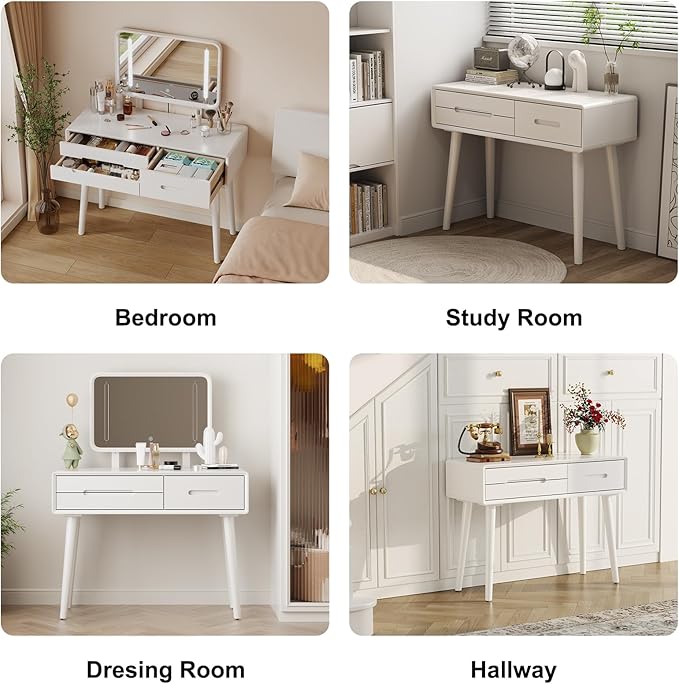 Solid Wood Vanity with Mirror and Lights, Adjustable Brightness, Wood Makeup Vanity with 3 Drawers, Semi-Assembled, Vanity Desk for Bedroom (White)