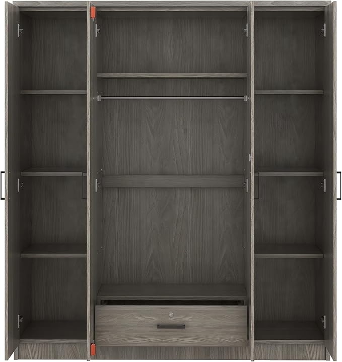 67.9" H Large Wardrobe Closet with 4 Doors, Freestanding Armoire Wardrobe Closet with Locking Drawer, Shelves and Hanging Rod, Wooden Bedroom Coat Closets Cabinet for Clothes, Gray
