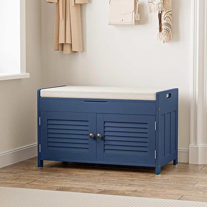 WARMHONIU Shoe Storage Bench with Lift Top Storage, Entryway Bench with Cushioned Seat, Adjustable Shelf, 2 Tier Shoe Rack with Doors for Entryway, Bedroom, Hallway, Mudroom, Blue