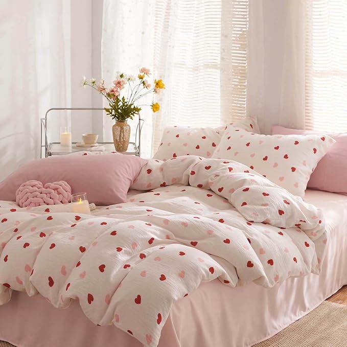 Nayoroom Heart Duvet Cover Set Queen Size Red Pink Hearts Printed on White Bedding Set for Kids Girls 3 Pcs Soft Lightweight Breathable Microfiber Comforter Cover with Zipper Closure