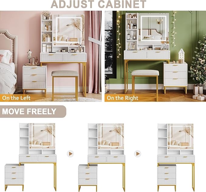 GarveeHome Makeup Vanity Desk with Mirror and Lights, Vanity Table with 5 Drawers, Vanity Set with Stool and Removable Side Storage Cabinet for Bedroom, White & Gold