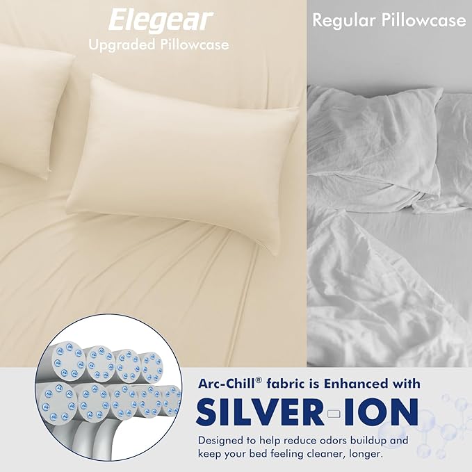 Elegear Cooling Pillow Cases for Hot Sleepers, Clean Fabric Silver Infused Cooling Pillowcase Q-Max>0.5, Soft Silky Pillowcases for Hair & Skin, Summer Zipper Pillowcase Cover Set of 2-Queen, Beige
