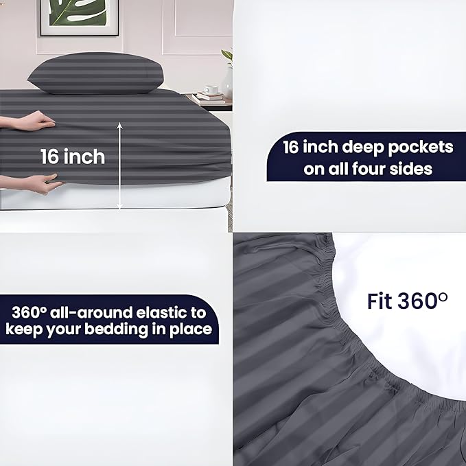 SGI Split King Sheet Set for Adjustable Bed Egyptian Premium Cotton 600 Thread Count Sheets for Sleep Number Bed 15" Deep Pocket 5 Pc Set with 2 Twin XL Fitted Sheets Soft Breathable -Dark Grey Stripe