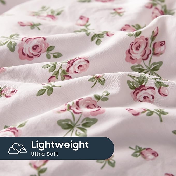 Wake In Cloud - Coquette Duvet Cover Set, Floral Cottagecore Flower Shabby Chic Cute Aesthetic, Soft Lightweight Bedding for Women Teen Girls, 3-Piece, Pink, Twin/Twin XL Size