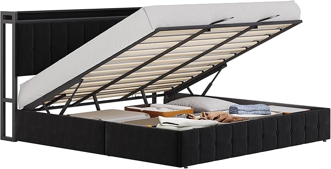 Garvee King Size Lift Up Storage Bed, Upholstered Velvet Bed Frame with Storage Headboard, Metal Platform Bed, No Box Spring Needed, Noise Free, Black