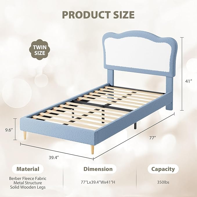 GarveeHome Upholstered Twin Bed Frame for Kids with Scallop Headboard, Cute Velvet Twin Bed for Girls, Boys, Sturdy Platform Bed, No Box Spring Needed, Wooden Slats, Noise Free, Blue White