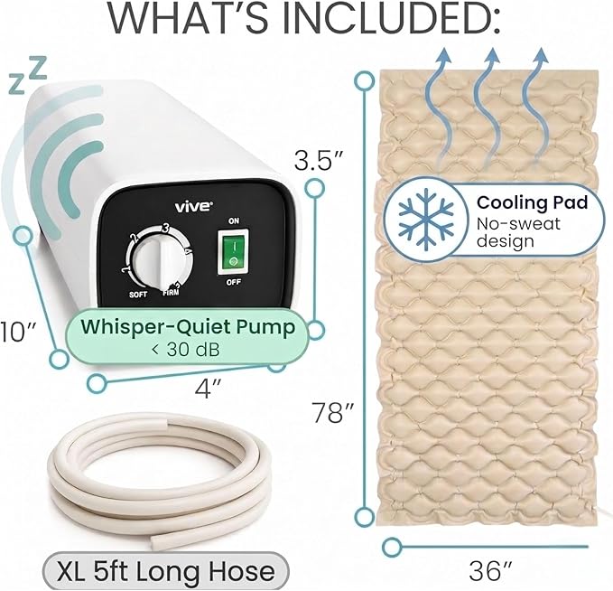 Vive Alternating Air Pressure Mattress Pad - The Original Bed Sore Prevention Solution - Hospital Topper for Bedridden Patients - Includes Waterproof, Breathable Ulcer Cushion & Whisper Quiet Pump