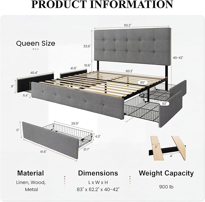 SHA CERLIN Upholstered Queen Size Platform Bed Frame with 4 Storage Drawers, Adjustable Headboard with Square Stitched Button Tufted Design, Wooden Slat Support, No Box Spring Needed, Light Grey