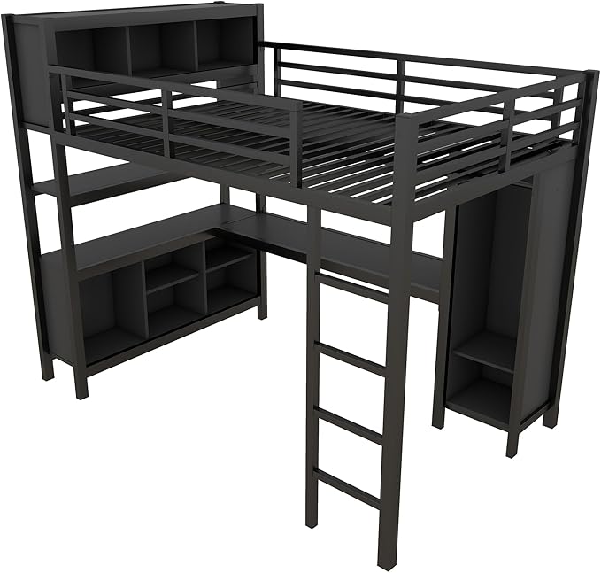 Full Size Loft Bed with L Shaped Desk, Wardrobe and Storage Shelves, Metal Heavy Duty Loft Bed Frames with Ladder and Guardrails for Kids, Teens, Juniors, Space Saving (Black, Full)