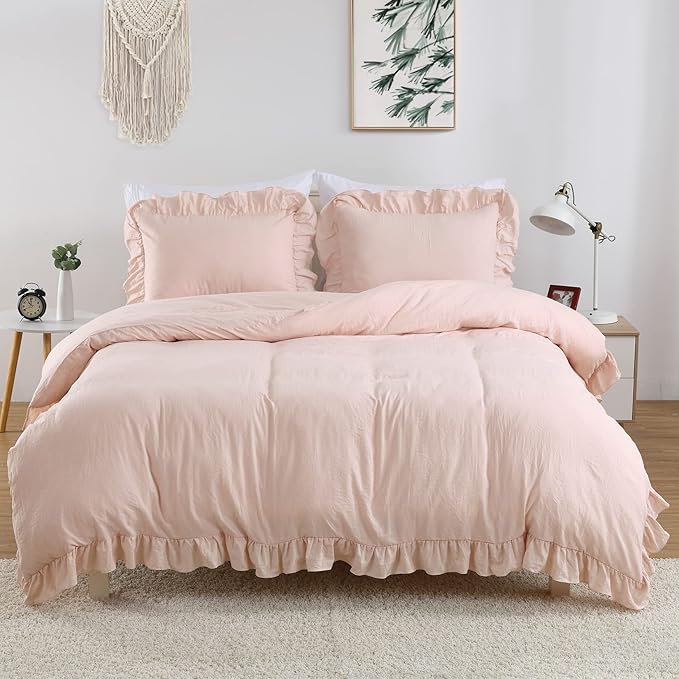 CAROMIO Pink Ruffle Duvet Cover Queen Size, 3PCS Soft Washed Microfiber Vintage French Country Duvet Cover Set for Queen Bed, Pink, 90x90 in