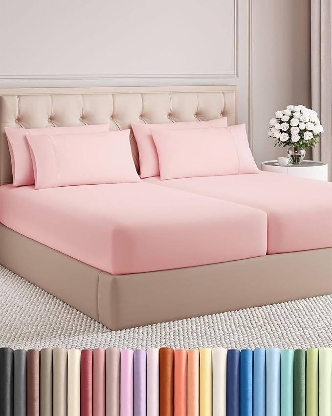 Split King 7 Piece Sheet Set - Comfy, Breathable & Cooling - Soft Hotel Luxury Bedding for Women, Men, Kids, Teens and Children - 1 Flat & 2 Fitted Sheets & 4 Pillowcases with Deep Pockets - Baby Pink