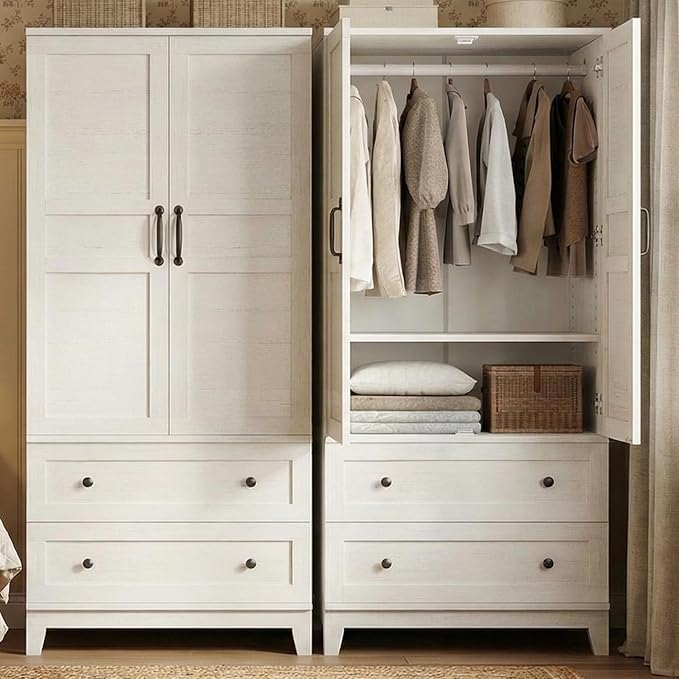 IDEALHOUSE Armoire Wardrobe Closet with 2 Drawers, 72" Tall Wooden Clothing Wardrobe with Hanging Rod & DIY Adjustable Shelf, Heavy Duty Bedroom Armoire Storage Cabinet with Doors, Rustic White