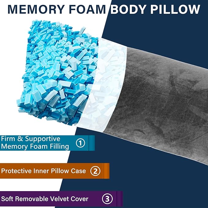 1 MIDDLE ONE Body Pillow, Memory Foam Body Pillows for Adults Sleeping, Long Pillow for Bed, Big Large Firm Full Body Pillow for Side Sleeper, 20x54 Inch, Light Grey