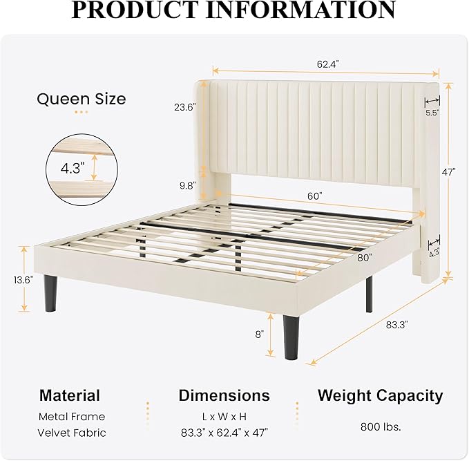 SHA CERLIN Queen Size Velvet Bed Frame with Vertical Channel Tufted Wingback Headboard, Upholstered Platform Bed with Wood Slats, No Box Spring Needed, Easy Assembly, Cream White