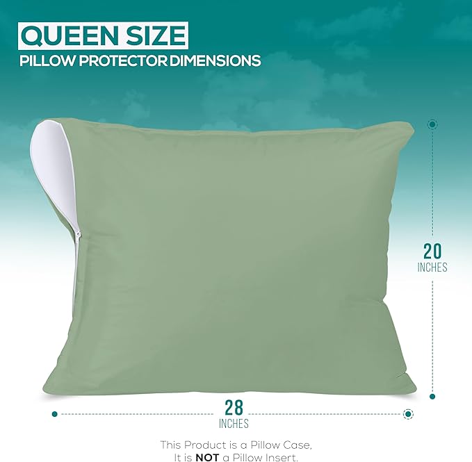 Utopia Bedding Premium 100% Waterproof Pillow Protectors with Zipper Queen Size (Set of 2), Bed Bug and Dust Mite Proof Zippered Pillow Covers, Pillow Encasement Cases, Sage