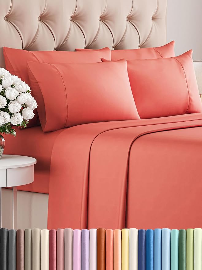 Queen 6 Piece Sheet Set - Comfy, Breathable & Cooling - Hotel Luxury Bedding for Women, Men, Kids, Teens and Children - 1 Flat & 1 Fitted Sheet & 4 Pillowcases w/ Deep Pockets - Wrinkle Free - Coral