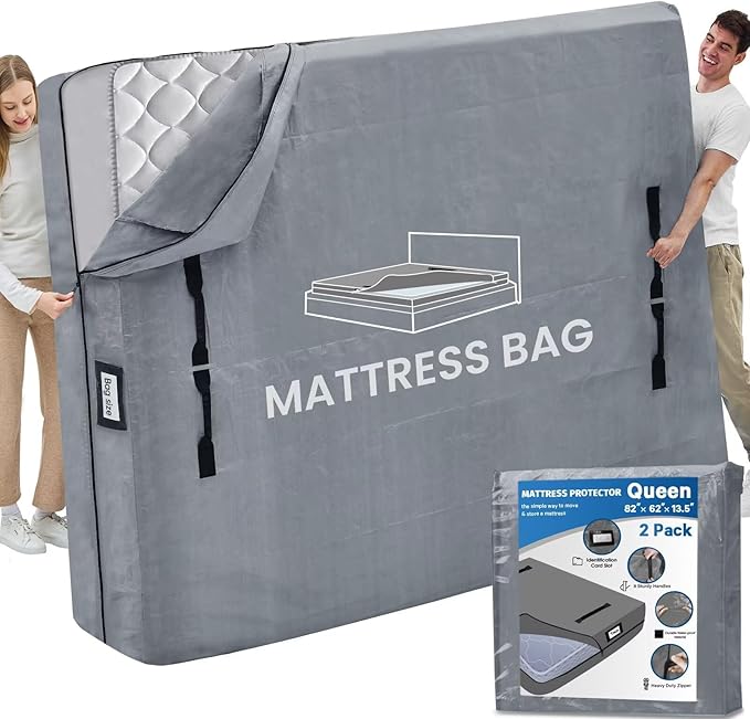 Mattress Bags for Moving and Storage, BETU Queen Mattress Protector Waterproof Mattress Cover with 8 Heavy Duty Handles and Zipper Extra Thick Moving Supplies for Bed (2 Pack:82x62x13.5 Grey)