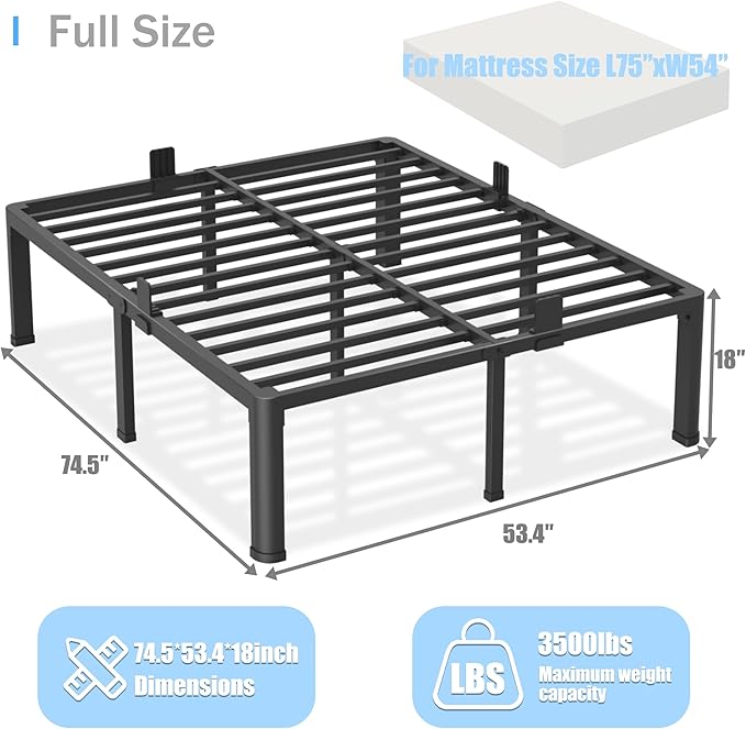 Yitong Angel 18 inch Full Size Bed Frame with Round Corner Legs Mattress Slide Stopper,3500 lbs Heavy Duty Metal Platform,Steel Slat Support,No Box Spring Needed,Easy Assembly,Noise Free