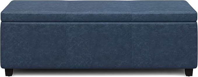 SIMPLIHOME Avalon Storage Ottoman Bench - 48" Wide x 16" High Upholstered Vegan Leather Rectangular Lift-Top Ottoman in Denim Blue, Contemporary Storage Bench for Living Room with High-Density Foam