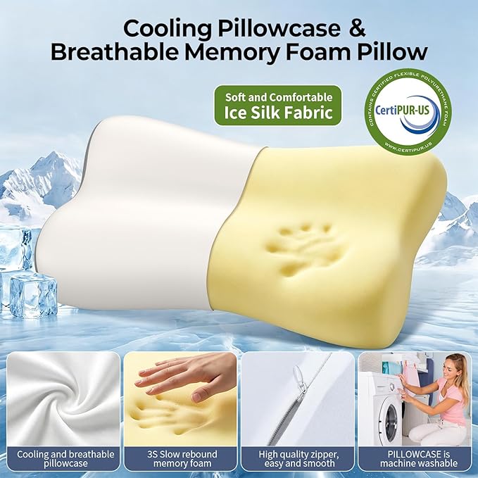 Polovo Cervical Neck Pillow - Ergonomic Side Sleeper Pillow for Neck Pain Relief, Contour Memory Foam Pillows for Deep Sleep, Orthopedic Cooling Pillow Bed Pillow for Side Back Stomach Sleepers