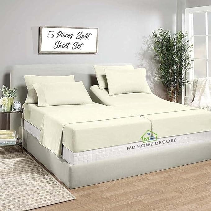 5 Piece Split King Sheet Set, Deep Pockets 16 Inch, 100% Egyptain Cotton, Split King Sheets for Sleep Number Beds, Sheets Sets for Adjustable Bed, Ivory, Solid