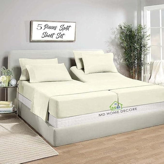 5 Piece Split King Sheet Set, Deep Pockets 16 Inch, 100% Egyptain Cotton, Split King Sheets for Sleep Number Beds, Sheets Sets for Adjustable Bed, Ivory, Solid