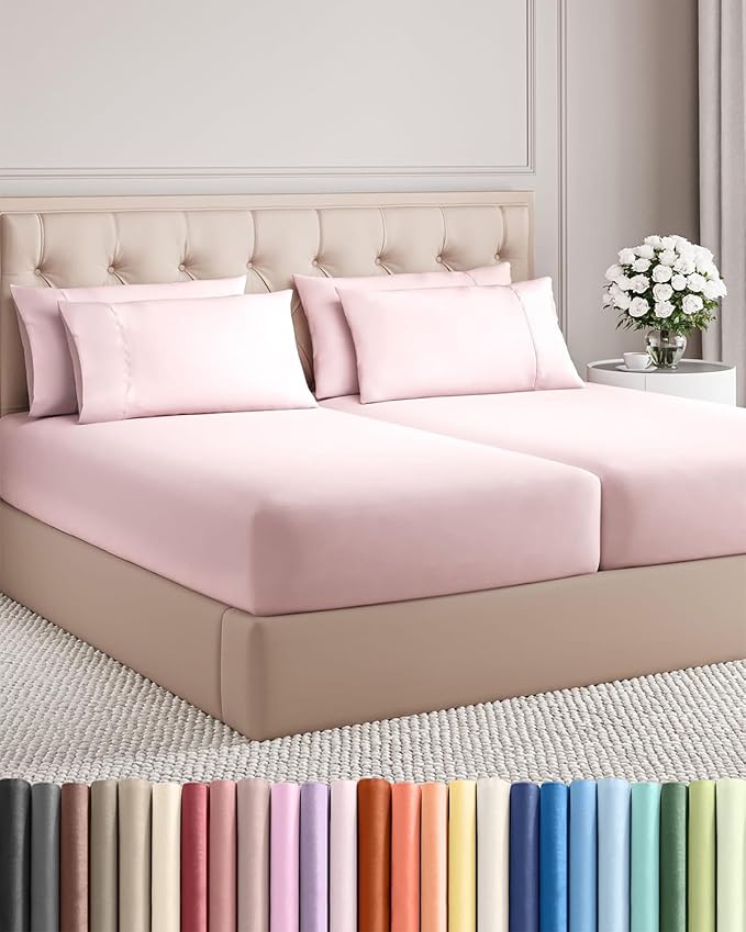 Split King 7 Piece Sheet Set - Comfy, Breathable & Cooling - Soft Hotel Luxury Bedding for Women, Men, Kids, Teens & Children - 1 Flat & 2 Fitted Sheets & 4 Pillowcases w/ Deep Pockets - Lavender Pink