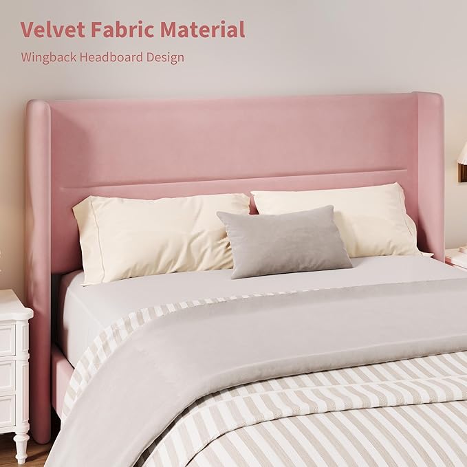 Garvee Queen Size Bed Frame with Wingback Headboard, Velvet Upholstered Platform Bedframe with Wood Slats, No Box Spring Needed, Easy Assembly, Pink