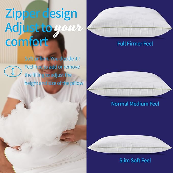 Bed Pillows Standard Size Set of 2,for Sleeping, Adjustable Standard Pillows 2 Pack with Zipper, Cooling Hotel Quality with Premium Soft Down Alternative Fill