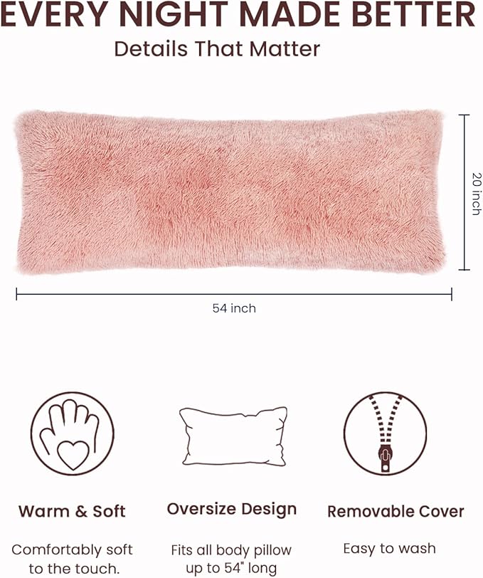 ZonLi Fuzzy Body Pillow Cover, 20"x 54" Furry Body Pillow Pillowcase, Faux Fur Long Pillow Cover with Zipper, Fluffy Soft Plush Decorative Body Pillow Cases for Bedroom (Pink)