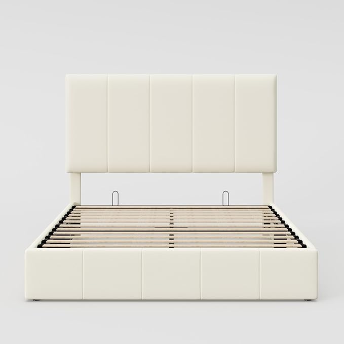 Allewie Full Size Velvet Lift Up Storage Bed Frame, Vertical Channel Tufted Headboard, Hydrualic Underneath Storage, Upholstered Platform Bed, Wooden Slats Support, No Box Spring Needed, Cream