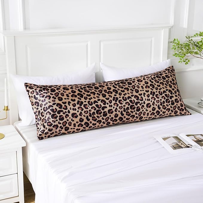 MR&HM Satin Body Pillow Cover, Soft and Breathable Body Pillow Case with Envelope Closure, Cooling and Silky Long Pillowcase for Hair and Skin,Grey (20x54, Brown Leopard)