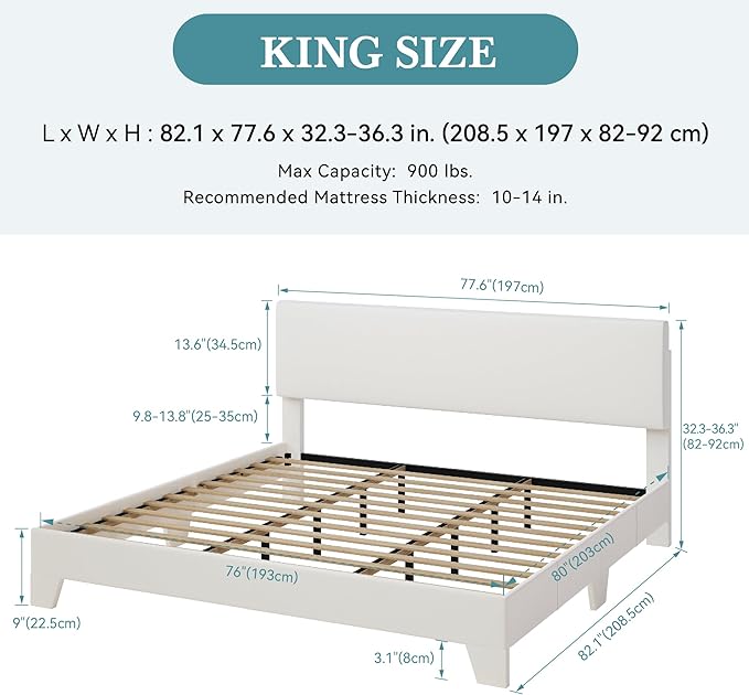 SHA CERLIN King Size Bed Frame with Adjustable Headboard, Faux Leather Upholstered Platform Bed with Wood Slats, Stable Mattress Foundation,No Box Spring Needed, Off-White