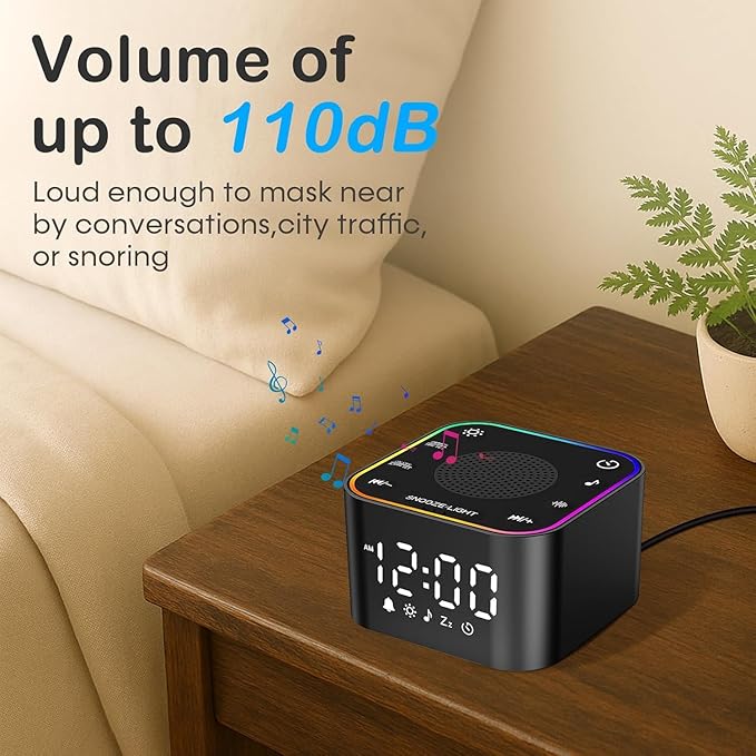 Sound Machine with Alarm Clock: 30 Non-Looping Sleep Sounds - White Noise Alarm Clock for Natural Wake Up - Adjustable Volume & Light, Memory Function, Sleep Timer (Black)