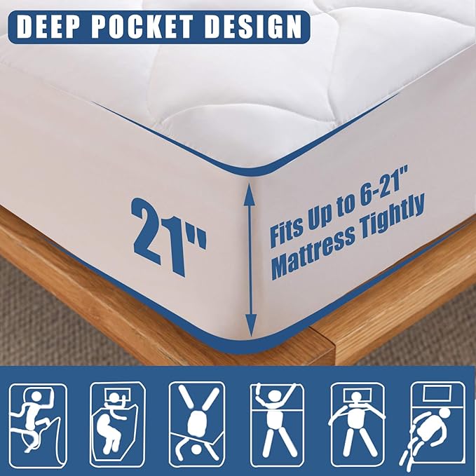 Twin Size Quilted Fitted Mattress Pad, Waterproof Breathable Cooling Mattress Protector, Stretches up to 21 Inches Deep Pocket Hollow Cotton Alternative Filling Noiseless Mattress Cover