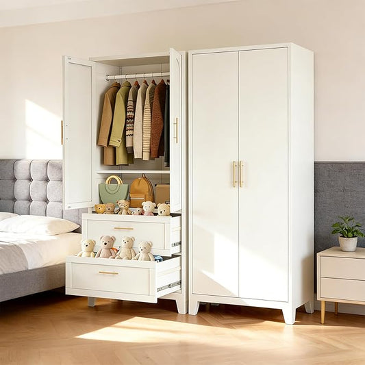 Modern 71" Steel Armoire Wardrobe Closet with 2 Drawers and Hanging Rod, Sturdy Metal 2 Door Armoire for Small Bedroom, Wardrobe Cabinet with Adjustable Shelves for Apartments, (White)