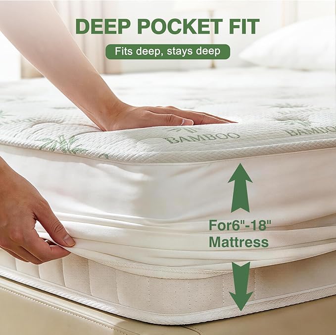 KAYWAY Waterproof Mattress Protector Full Size - Cooling Breathable Mattress Cover for Full Bed, Noiseless Soft Bed Pad Cover, Snug Fit Deep Pocket 6''–18'', Ideal for Dorms & Guest Rooms, Green