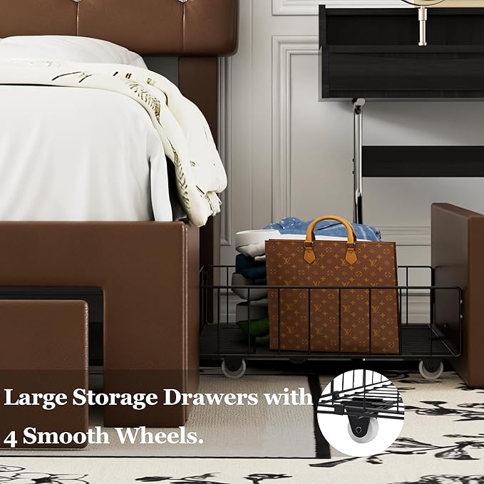 VECELO Queen Size Bed Frame with 3 Storage Drawers, Leather Upholstered with Diamond Tufted Headboard, Solid Wood Slat Support & Steel Framework, PU & Brown