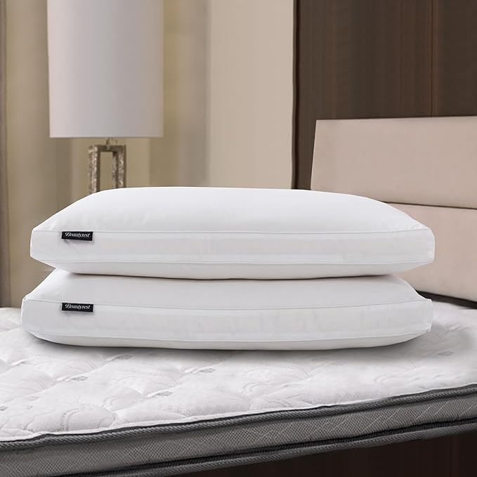 Beautyrest White Feather Down Fiber Pillows Set of 2 Pack with 2" Gusset Support Pillows,Hotel Collection 100% Cotton Hypoallergenic Medium Firm Bed Pillows for Side Sleeper