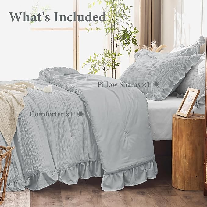 JOLLYVOGUE Light Grey Twin Size Comforter Set, 2 Pieces Seersucker Lightweight Fluffy Bedding Set, Twin Ruffle Comforter, All Season Soft Microfiber Shabby Chic Bed Set