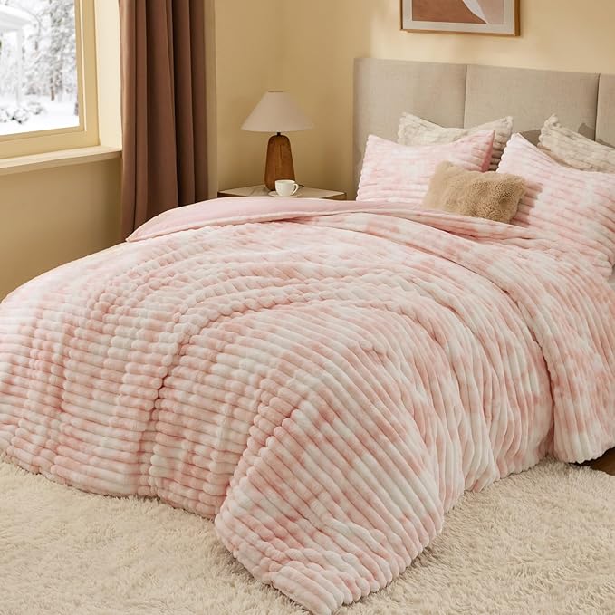 BEDELITE Fleece Twin Comforter Set -Super Soft & Warm Fluffy Pink&White Bedding, Luxury Fuzzy Heavy Bed Set for Winter with 1 Pillow case