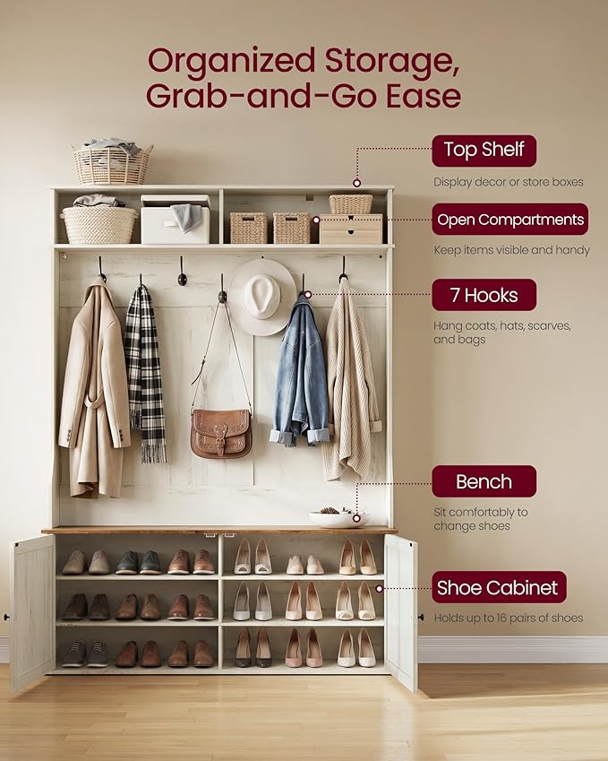 VASAGLE Hall Tree with Bench and Shoe Storage, 5-in-1 Coat Rack with Shoe Bench, Adjustable LED Light, 7 Double Hooks, Farmhouse Entryway Furniture, Rustic White UHSR653WJ03S